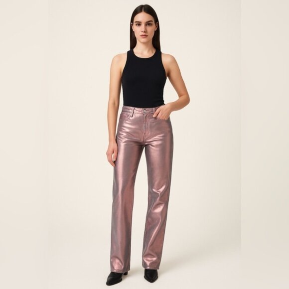 Zara Metallic Pink Coated Straight-Leg Jeans – Size 6 - Picture 1 of 10